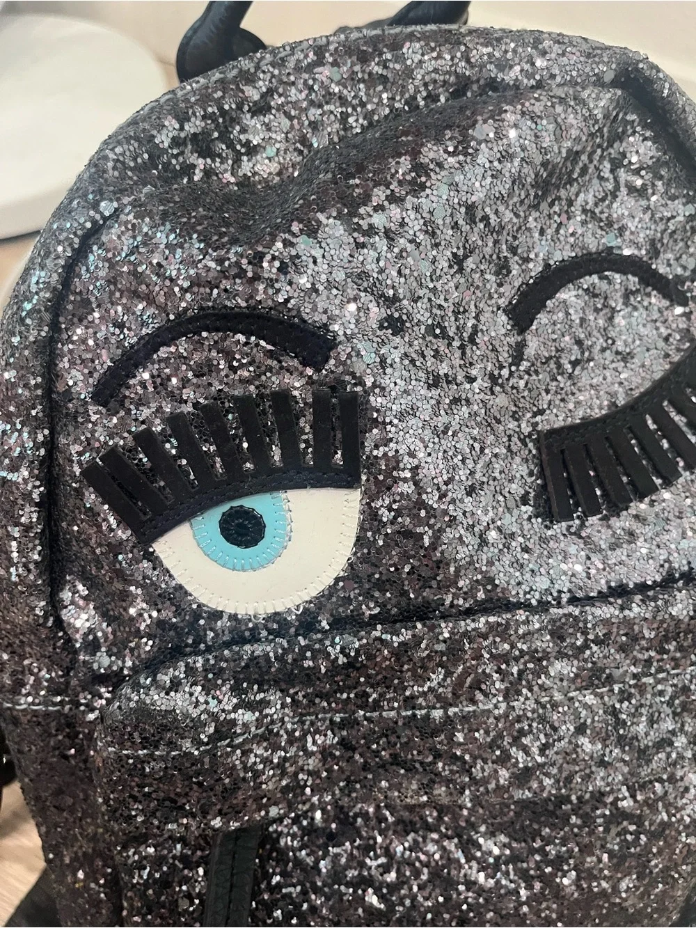 Chiara Ferragni Flirting Glitter Backpack Dark Silver Black Eye Leather Mini
